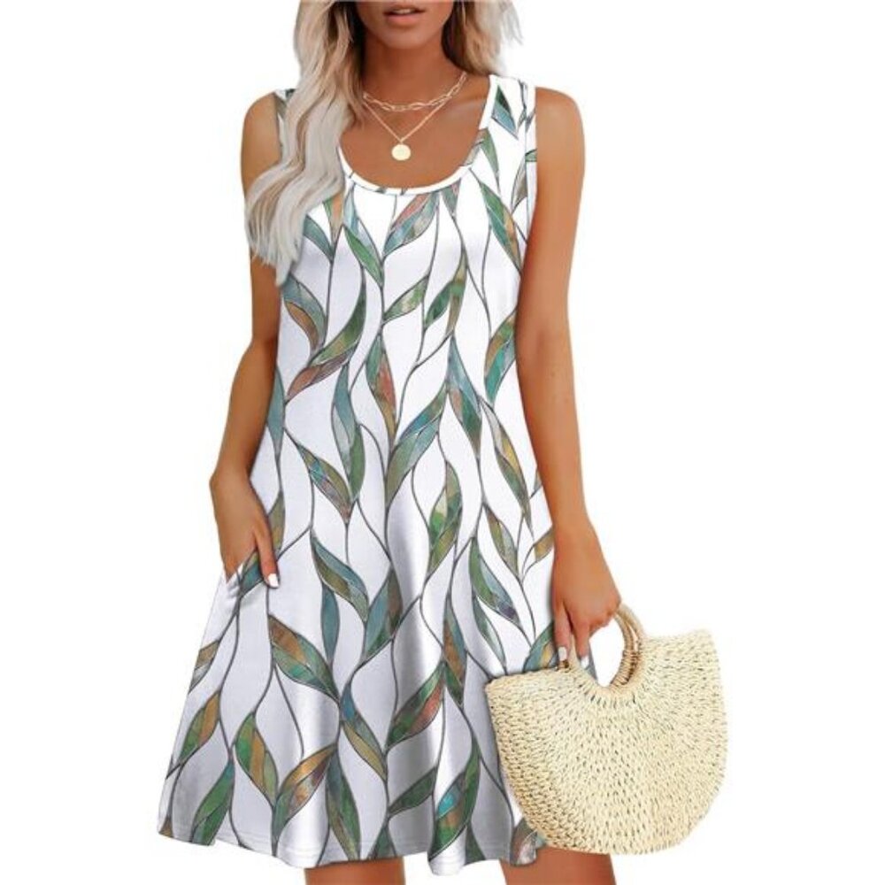 Womens Summer Dresses Loose U Neck Sleeveless Sundresses Dress with Pocket